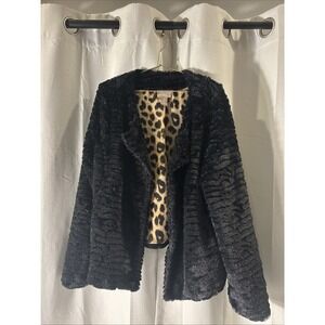 CHICOS Bolero Faux Fur Jacket Size 2 ( 12-14) Large Black with Leopard Inside